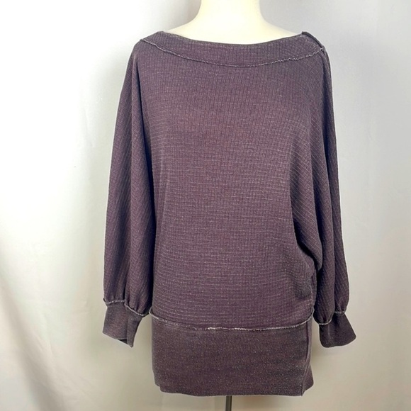 Free People Willow Waffle Off Shoulder Top Boho Dolman Sleeve Size Large Purple - Picture 2 of 5
